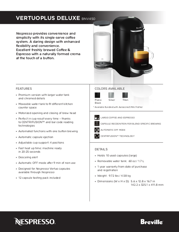 Nespresso Vertuo Plus Operating Instructions