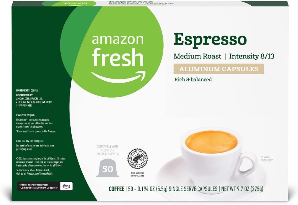 Amazon Fresh Espresso Medium Roast Aluminum Capsules, Compatible with Nespresso Original Brewers, Intensity 8/13, 50 Count (5 Packs of 10)