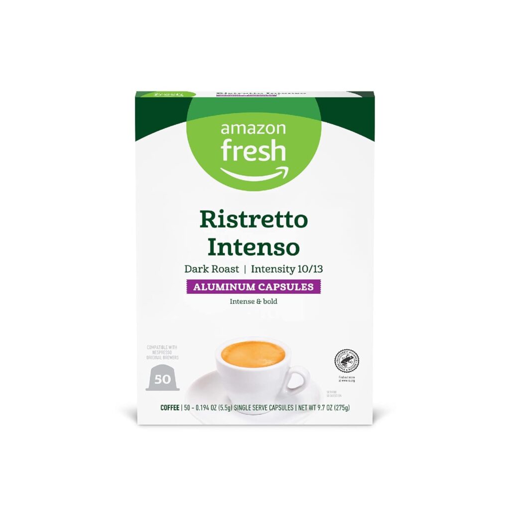 Amazon Fresh Ristretto Intenso Dark Roast Aluminum Capsules, Compatible with Nespresso Original Brewers, Intensity 10/13, 50 Count (5 Packs of 10)