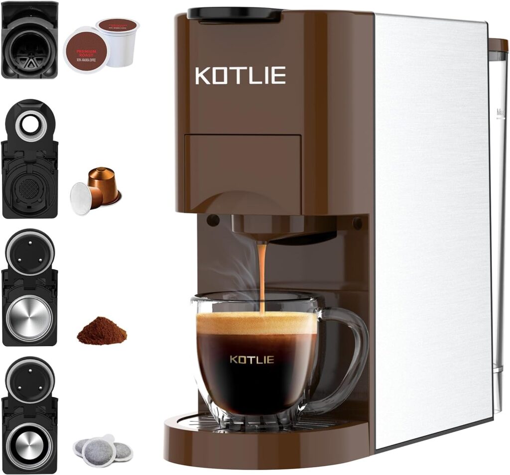 KOTLIE Single Serve Coffee Maker, 4in1 Espresso Machine for Nespresso Pods, K cups, LOR, Ground Coffee, illy Coffee ESE, 19Bar Espresso Maker, 1450W Fast Heat Coffee Machine(Coffee)