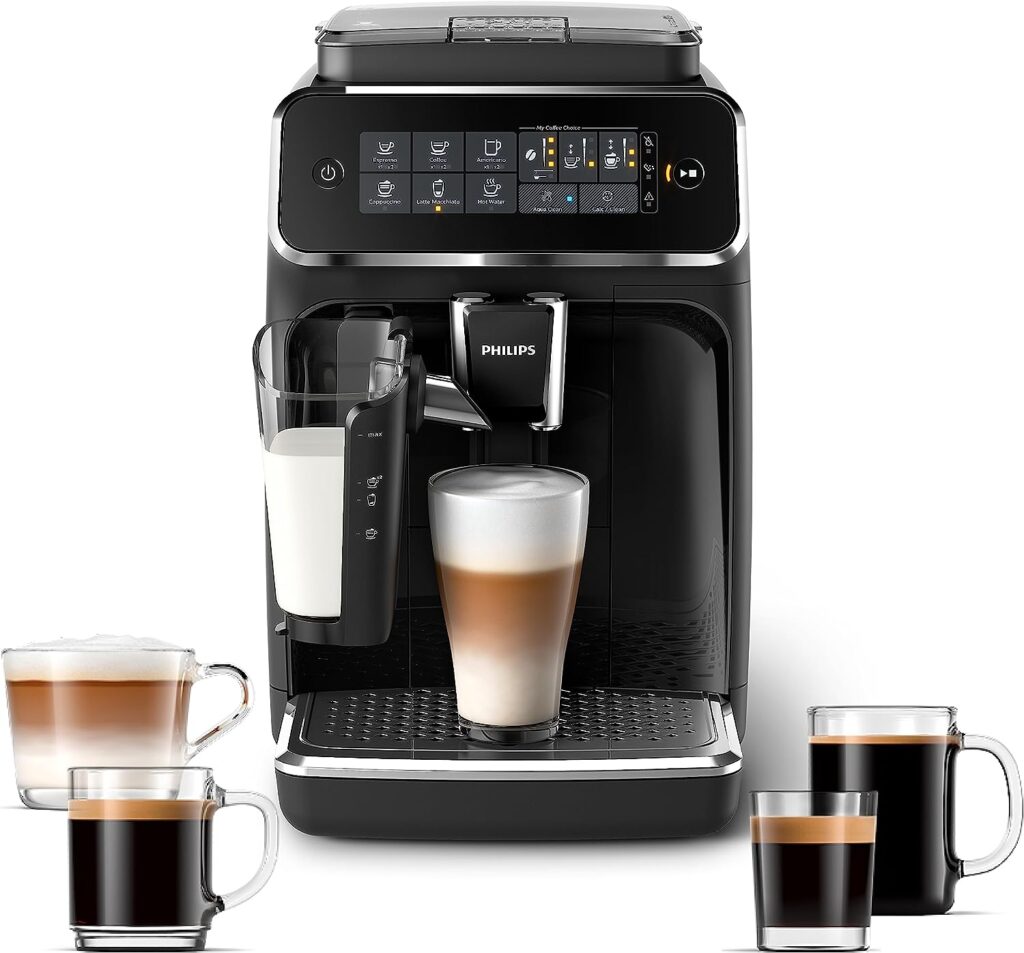 PHILIPS 3200 Series Fully Automatic Espresso Machine, LatteGo Milk Frother, 5 Coffee Varieties, Intuitive Touch Display, 100% Ceramic Grinder, AquaClean Filter, My Coffee Choice, Black (EP3241/54)