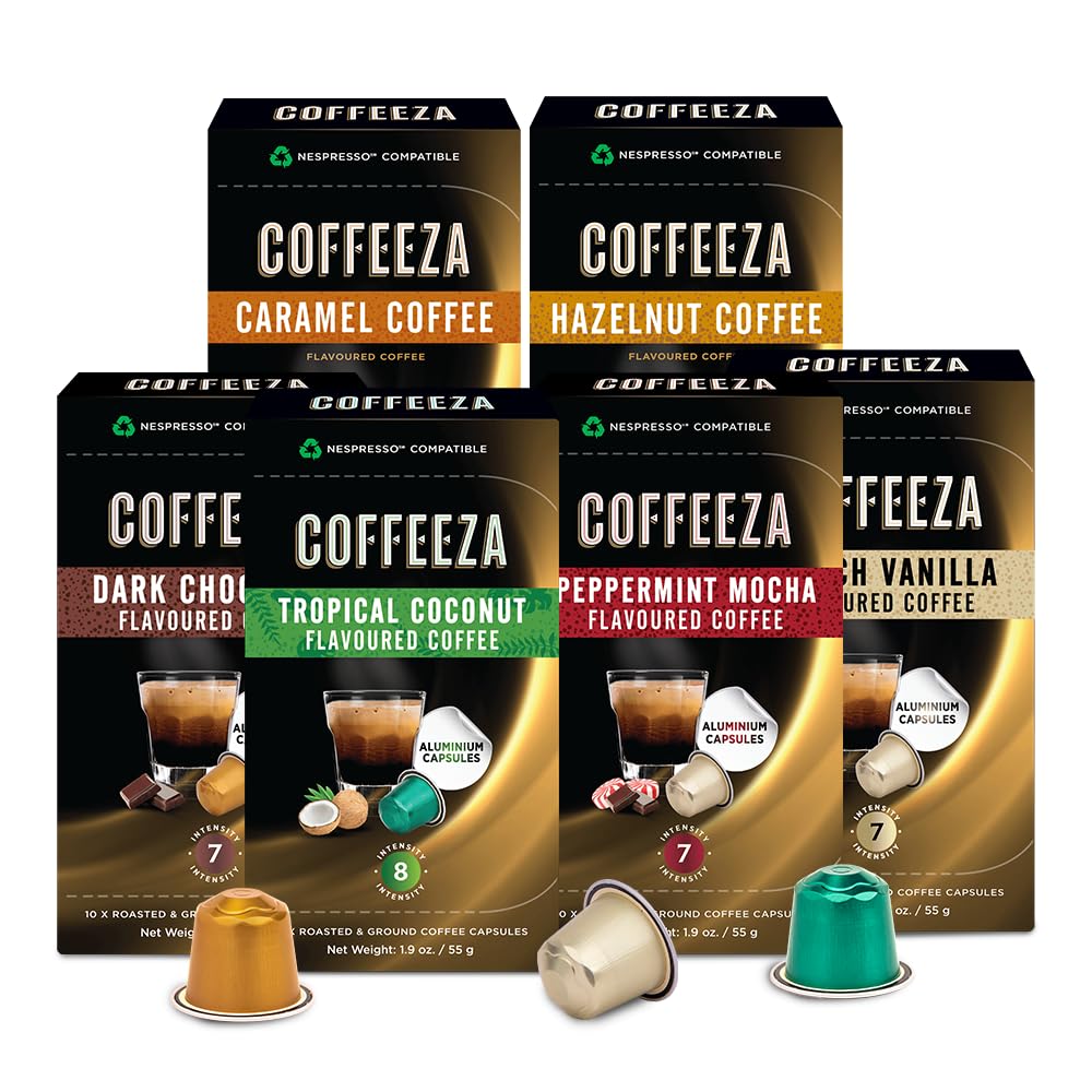 Coffeeza 100% Arabica Nespresso Flavored Coffee Pods Variety Pack, Compatible with Nespresso Original Line Machines | 6 Pack, 60 Single Serve Nespresso Compatible Coffee Pods