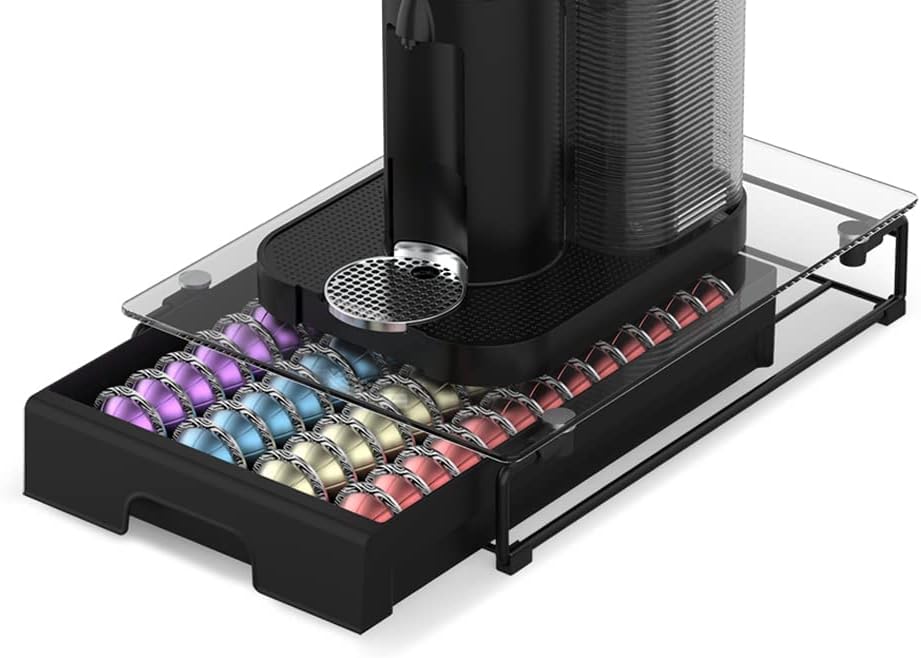 EVERIE Crystal Tempered Glass Organizer Drawer Holder Compatible with Nespresso Vertuo Capsules, Compatible with 40 Big or 52 Small Vertuoline Pods, 12 Wide by 15.6 Deep by 3.5 High