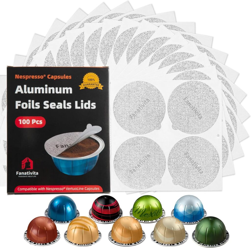 Fanativita Aluminum Foil Seal Lids for Nespresso Pods Vertuo, Compatible with Nespresso Vertuo Reusable Pods, 100Pcs Coffee Pods Covers (62mm)