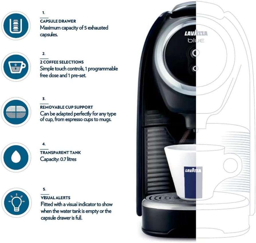 Lavazza BLUE Classy Mini Single Serve Espresso Coffee Machine LB 300, 5.3 x 13 x 10.2 2 Coffee selections: simple touch controls, 1 programmable free dose and 1 pre-set