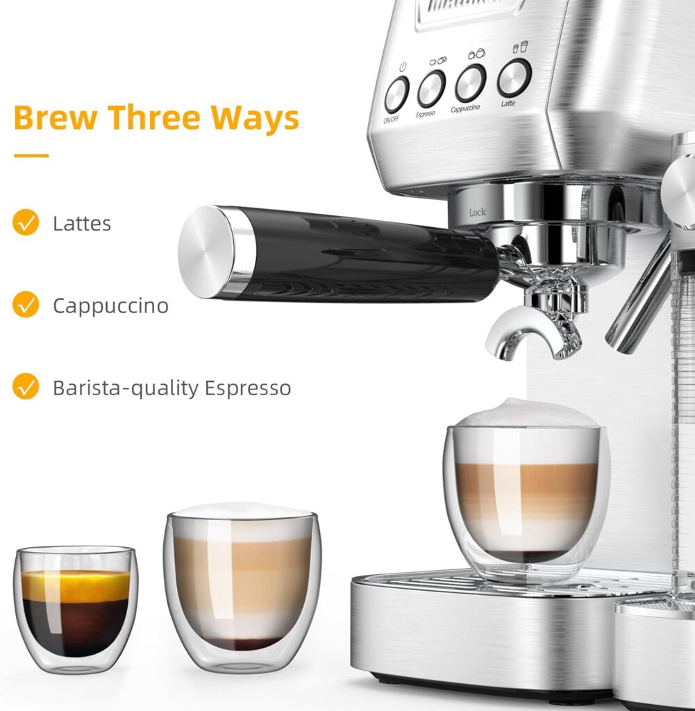 MAttinata Espresso Machine, 20 Bar Cappuccino Machines for Home, Coffee Maker with Automatic Milk Frother, Latte Machine for Mom Dad Coffee Lovers Christmas Gifts-Stainless Steel Style