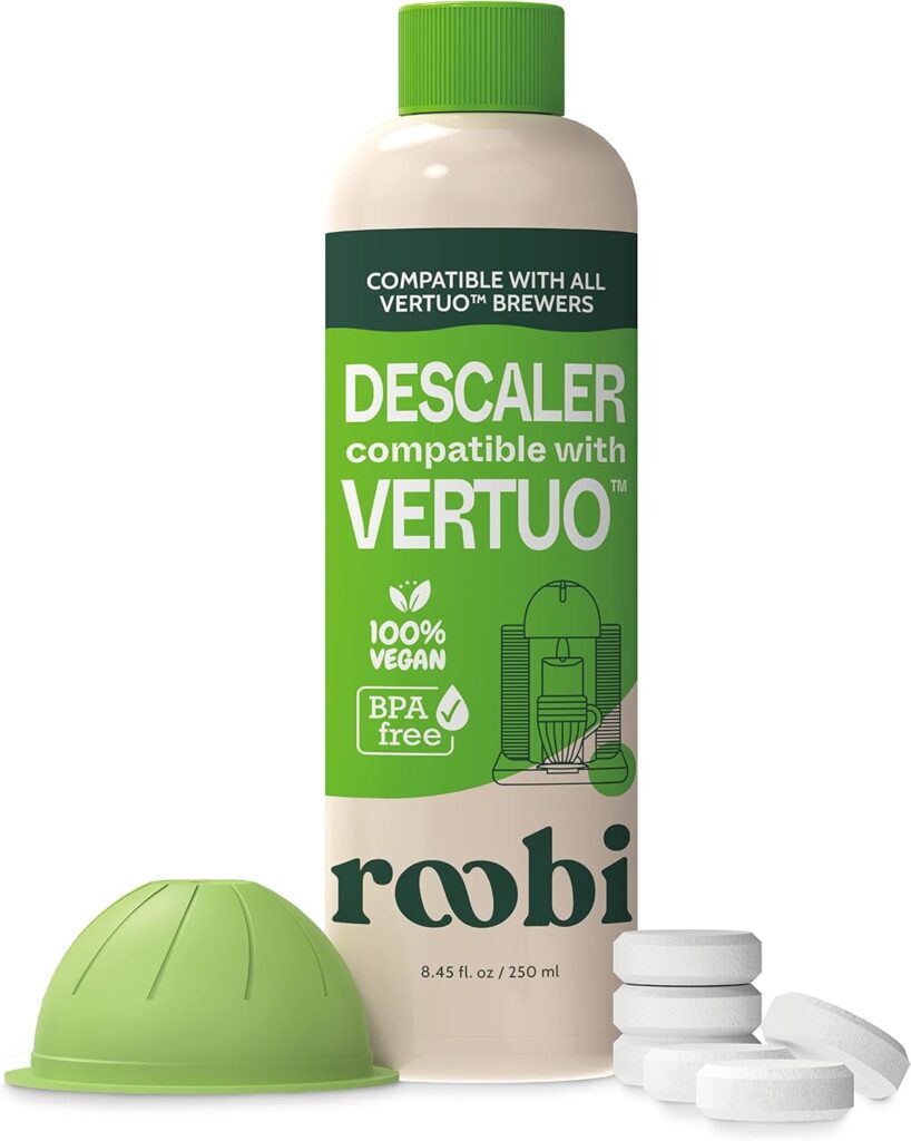 Nespresso Compatible Vertuo Cleaning  Descaling Kit. Includes 1 Bottle of Descaling Solution, 6 Cleaning Tablets and 1 Reusable Pod. Carbon Neutral Vertuo Maintenance Kit. 6 Month Supply.