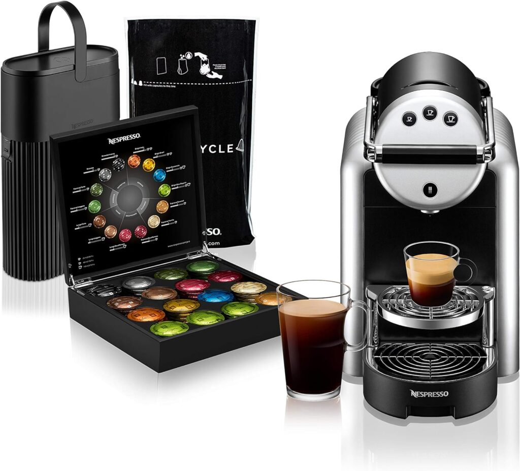 Nespresso Professional Coffee Maker Starter Bundle, Zenius Professional Coffee Machine, Presentation Box for Nespresso Capsules,Black and Silver