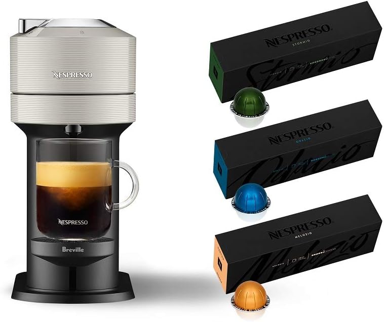 Nespresso Vertuo Next Coffee  Espresso Machine NEW by Breville, Light Grey, Coffee Maker and Espresso Machine + Nespresso Capsules VertuoLine Medium and Dark Roast Coffee, 30 Count Coffee Pods