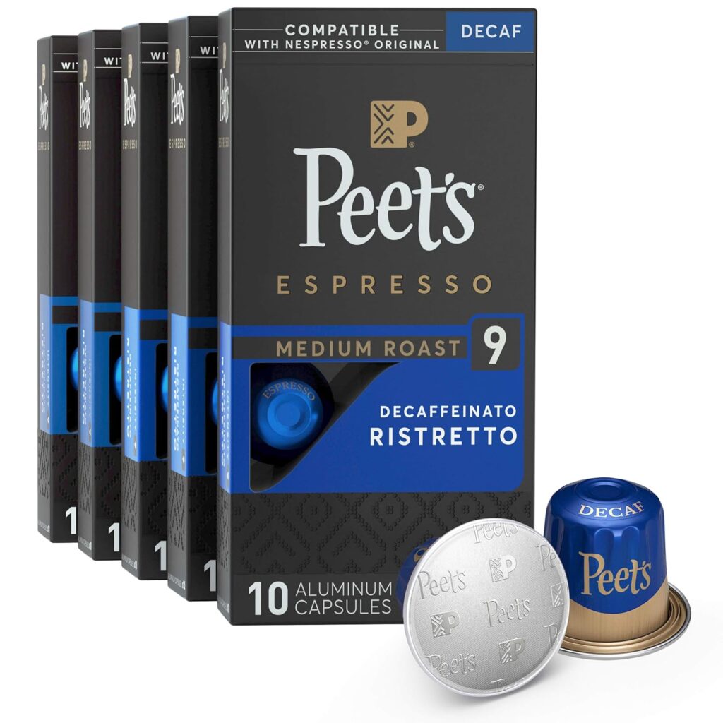 Peets Coffee, Dark Roast Decaf Espresso Pods Compatible with Nespresso Original Machine, Decaf Ristretto Intensity 9, 50 Count (5 Boxes of 10 Espresso Capsules)