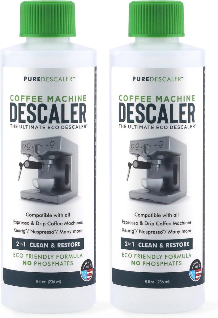 PUREDESCALER (2 Pack, 2 Uses Per Bottle) Universal Coffee Machine Cleaner  Descaling Solution - Eco Safe for Keurig, Nespresso, DeLonghi, and all Drip and Espresso Machines Made in the USA