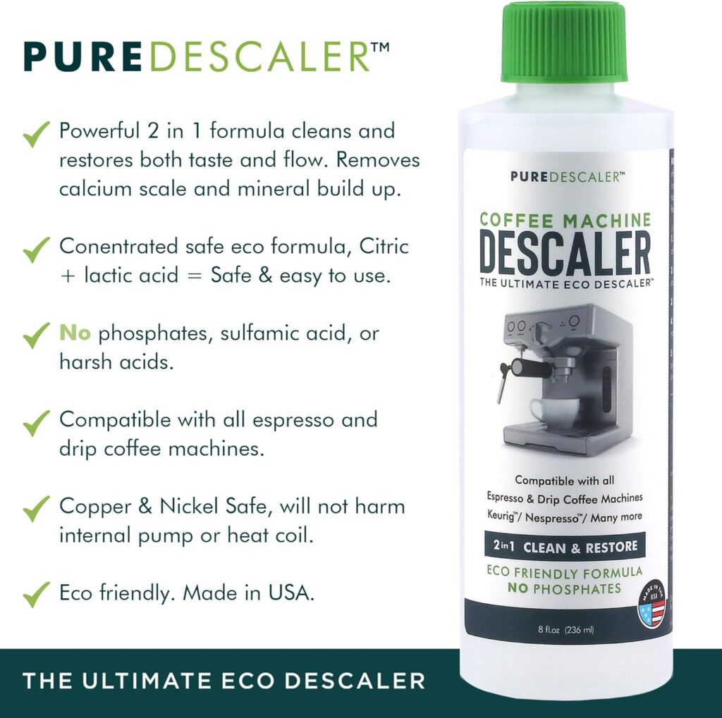 PUREDESCALER (2 Pack, 2 Uses Per Bottle) Universal Coffee Machine Cleaner  Descaling Solution - Eco Safe for Keurig, Nespresso, DeLonghi, and all Drip and Espresso Machines Made in the USA