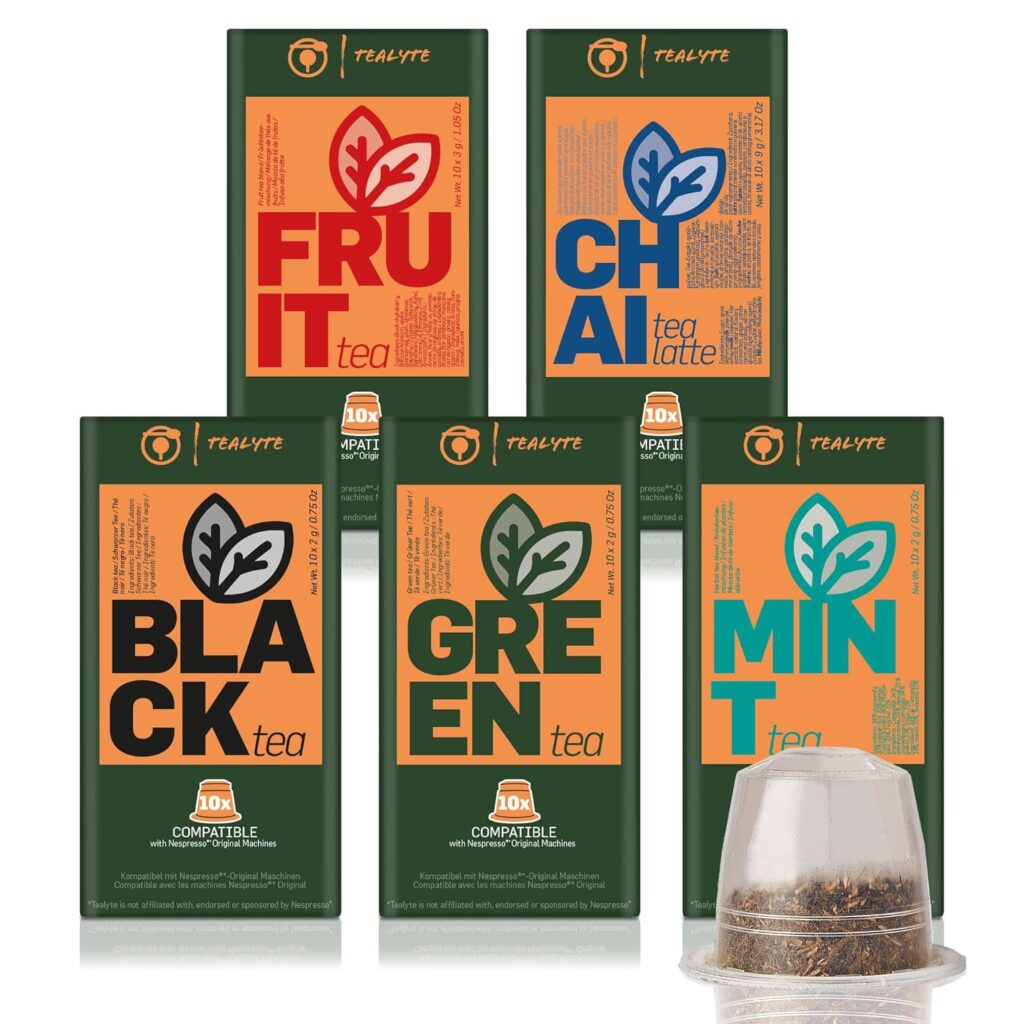 TEALYTE 50 Compatible Nespresso Tea Pods - Variety Pack I Green Tea Pods I Chai Tea Pods I Black Tea I Fruit Tea I Mint Tea I Compatible with Original Line Nespresso Machines